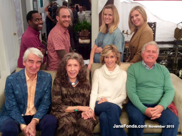 Left to right, back row: Barron Vaughn, Ethan Embry, Brooklyn Decker, June Diane Raphael - Front row: Sam Waterston, Lily, Jane, Martin Sheen