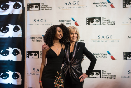 Kayla Sullers, 17, a Cineyouth young filmmaker from South Shore, poses for photos with Jane Fonda at the Radisson Blu Aqua Hotel on July 29, 2017. | Max Herman/For the Sun-Times