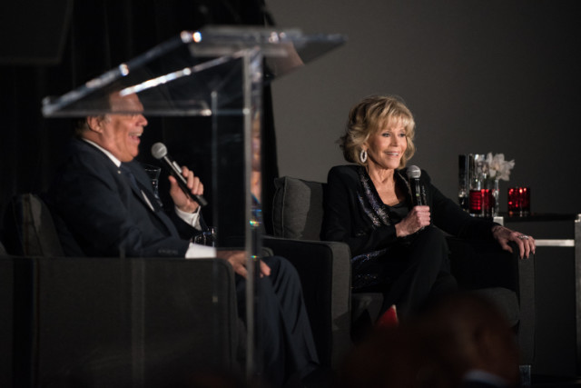 Jane Fonda speaks with Richard Roeper as part of a tribute to the actress on July 29, 2017 at the Radisson Blu Aqua Hotel. | Max Herman/For the Sun-Times
