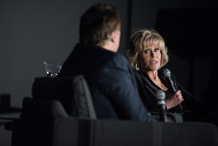Jane Fonda speaks with Richard Roeper as part of a tribute to the actress on July 29, 2017 at the Radisson Blu Aqua Hotel. | Max Herman/For the Sun-Times